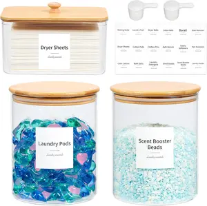Glass Laundry Pods Container &  Dryer Sheet Holder with  , Scoops & Labels |  Laundry Room Organization and Storage for Detergent Pods, , Dryer Balls & Beads