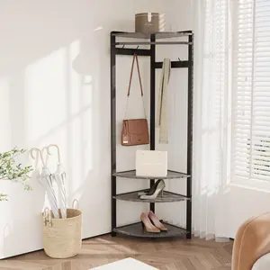 Space-Saving Corner Hall Tree Coat Rack with Shoe Bench – 3-Tier Storage Shelves & 6 Double Metal Hooks – Freestanding Entryway Organizer for Bedroom, Hallway, or Closet