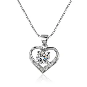 EAMTI 1 Carat 925 Sterling Silver Heart Synthetic Moissanite Necklaces for Women Round Cut Solitaire Moissanite Pendant Necklace