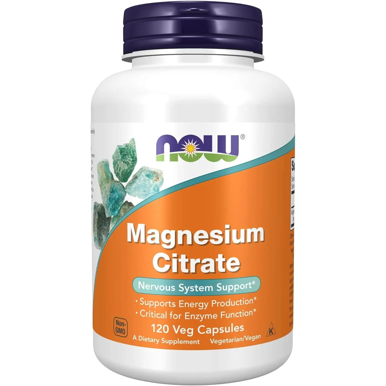 NOW Supplements GMO-Free Basic Magnesium Citrate Veg Capsules - Dairy Free, Kosher Halal, Natural Mineral Supplement for Enzyme Function, Nervous System Health, Brain Health, Energy Boost - 120 Count