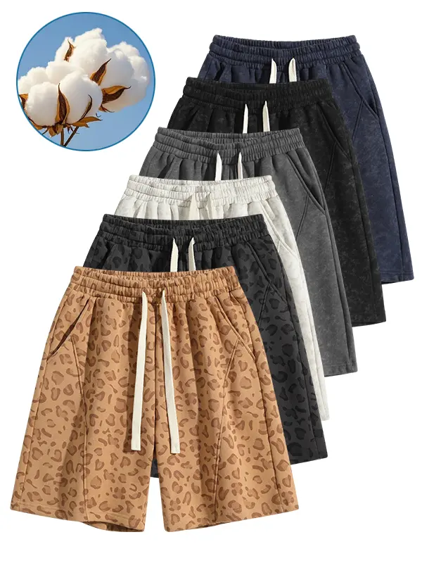 Men's Cotton Blend Sweat Shorts Casual Athletic Lounge Shorts with Pockets, Leopard Print & Acid Wash Loose Fit Drawstring Gym Shorts for Summer Workout