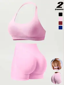 Three-Piece Quick-Dry Running Shorts Set, High Elasticity Ultra-Fine Matte Nylon, Backless Seamless Sports Bra with Removable Pads, Two Piece Set, Backless Gym Clothes, Summer Activewear, Summer Athletic Wear