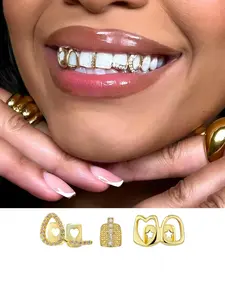 3pcs Hollow Heart & Water Drop Design Copper Grillz Teeth Caps, 14k Gold Plated Micro Inlaid Zircon, Hip Hop Style Jewelry for Women, Teeth Cover Girls