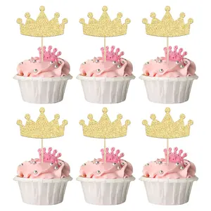 24 Pcs Gold Crown Cupcake Toppers, Glitter Queen Picks for Princess Baby Shower & Birthday
