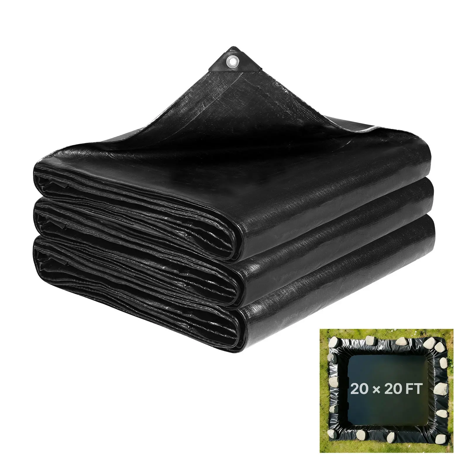 【DealsForYouDays】 VEVOR 20 x 20 ft Pond Liner, 14 Mil Thickness, 3-Layer Reinforced PE Fish Koi Pond Liner for Outdoor Ponds, with Hemmed Edge and 4 Metal Buttonholes, for Water Garden, Waterfall, and Fountains, Black, Leak-Proof
