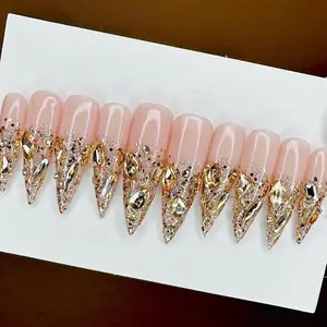 Gold Crystal Press On Nails: Embellished Bling Stiletto Nails/Fall Nails/New Years/Birthday Nails/Gold Glitter/Trendy Nails/Bling Nails