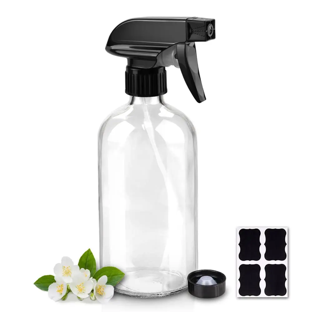 Glass Spray Bottles, 16oz Refillable Containers, Empty Boston Round Bottles with Labels & Adjustable Nozzle for Cleaning, Gardening, , Pets, , Hair -Clear (1 Pack)