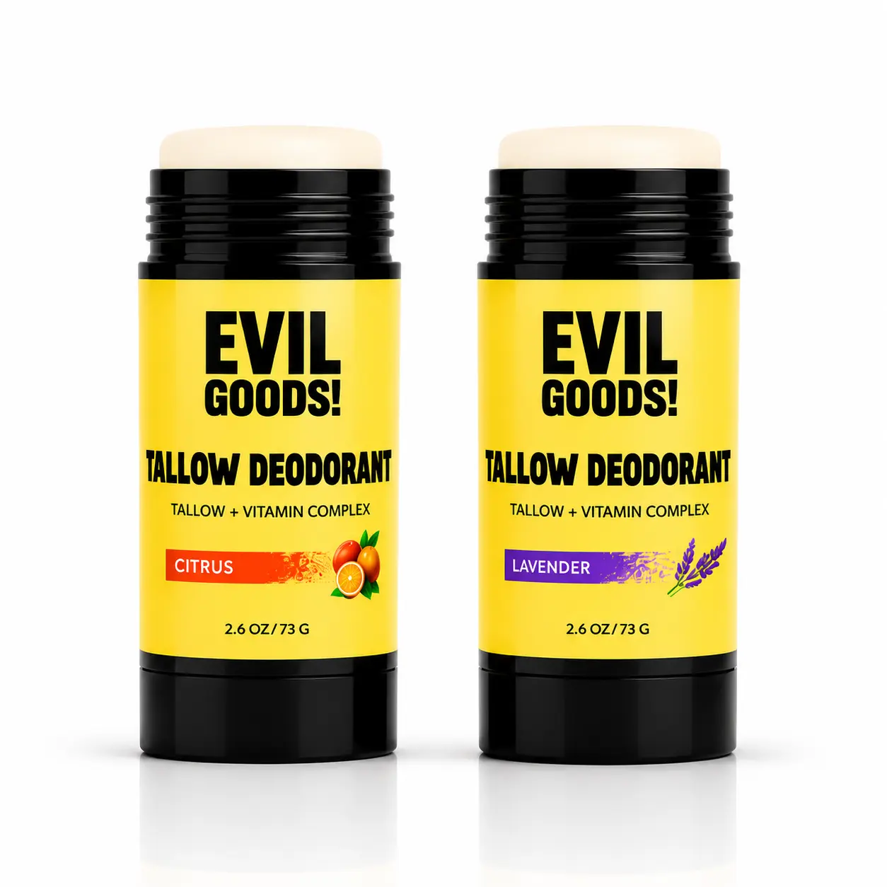 EVILGOODS Grass-Fed Tallow Deodorant 2-Pack, Non Toxic Body Care Stick with Beeswax & Kaolin Clay, Aluminum-Free & Unscented for Everyday Freshness (2.6 oz)