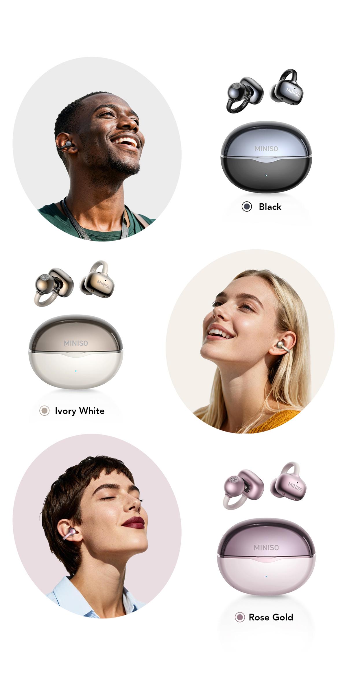 MINISO Clip On Earbuds Wireless Headphones with Bluetooth 6.0 Earphones, Stable Connection & Low Power Use, DT6.0 Pulse Directional Tech, 360° ACS Panoramic Sound, IPX5 Waterproof Audio Earbuds for Music & Calls, Comfortable for Sports