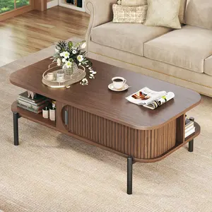 Coffee Table, 39.4" Mid Century Modern Coffee Tables for Living Room, Coffee Table with Storage Open Shelf, Fluted Table with Sliding Cabinet Door, 2-Tier Rustic Wood Desktop, Walnut