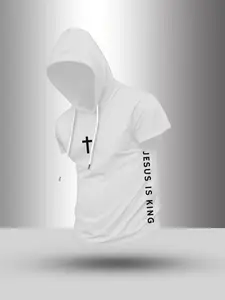 Mens Christian Faith Hooded Short Sleeve Tee, Minimal Cross Jesus Print Cotton Hoodie, Casual Athletic Loungewear Top