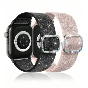 2-Pack Glitter Nylon Elastic Band Sparkly Stretchy Solo Loop for IWatch (38-49mm) – Women's Fashion Sport Strap  Compatible with Ultra/SE/Series 10