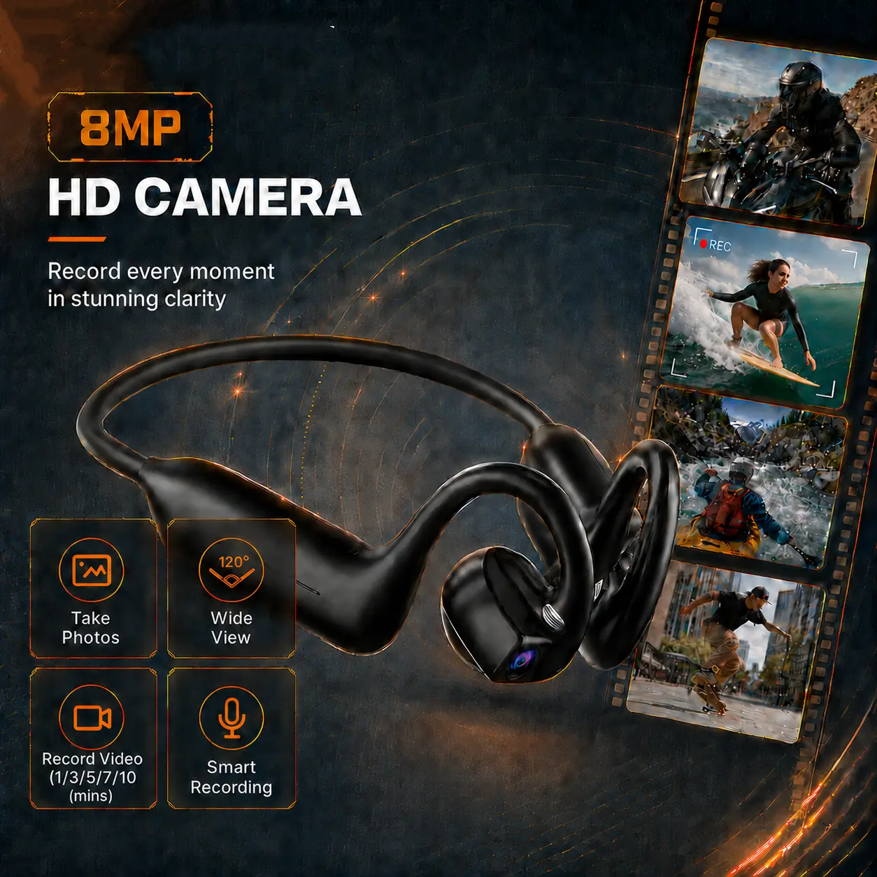 Open-Ear Bone Conduction Headphones with 8MP EIS Camera Support AI Smart Conversation,HD Video&Voice Recording, IP54 Waterproof Sports Headset with Touch/Button Control for Outdoor Sport &Travelling