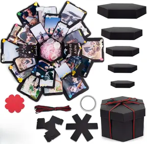 Creative Explosion Gift Box Handmade Exploding Photo Album Preassembled Surprise Picture Pop Up Love Box with DIY Scrapbooking Accessories for Anniversary Birthday Wedding 17x17inch Black Cardboard Eco-Friendly Non-Toxic, Boyfriend Birthday Gift, Annivers