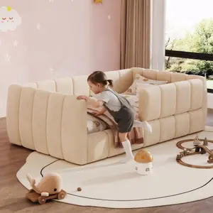 Toddler Floor Bed Kids Bed Upholstered Daybed with Removable Guardrails,Compatible with standard US toddler mattresses , Safety Toddler Bed with High Headboard & Footboard, Child Beds for 1-6 Years Old,  Beige