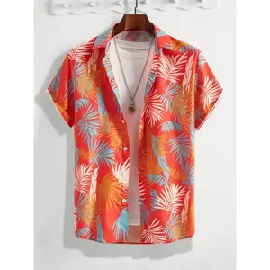 Men's tropical plant printed short sleeved shirt, summer casual and comfortable regular button design collar top, beach vacation men's clothing, men's clothing, Hawaiian shirt, beach club shirtRAIMENTRY