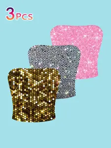 3-Pack Sequin Rhinestone Tube Top, Sexy Short Slim Fit Vest, Y2K Millennium Style Inner Outer Wear, Party Stage Eye-Catching Top