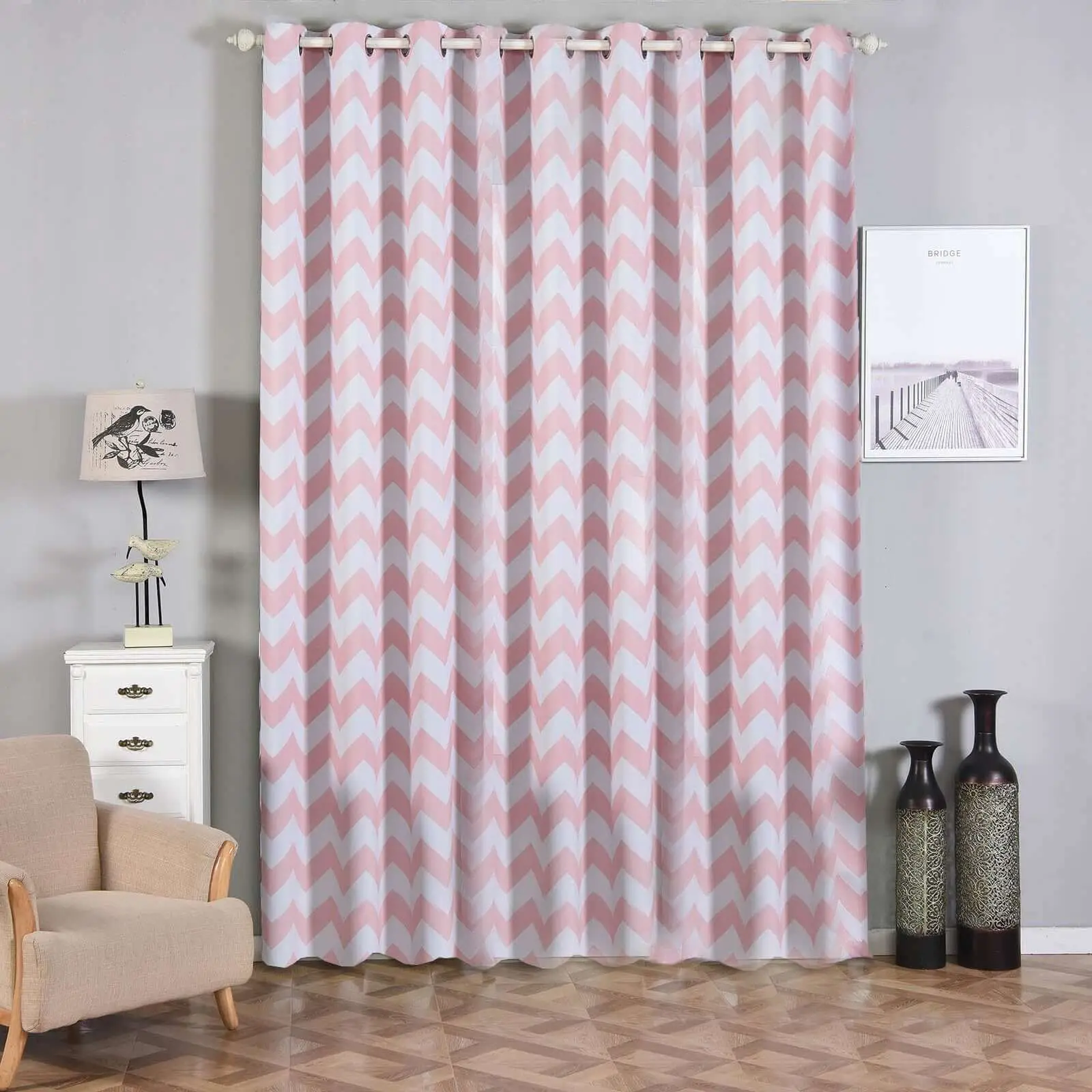 2-Pack White Blush Chevron Geometric Heavy Thermal Blackout Soundproof Lined Acoustic Darkening Grommet Curtains, Chrome Grommet Window Treatment Panels for Events, 52"x108", Heavy Curtain, Darkening Curtains