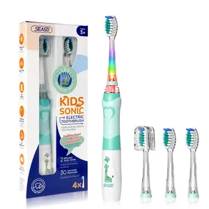 SEAGO Kids Electric Toothbrush with 2 Mins Brushing Timer and 4 Replacement Bursh Heads, Rainbow LED Light Make Brushing Fun, Green Color Boys Battery Powerd Toothbrush for 4-7 Years Old Waterproof