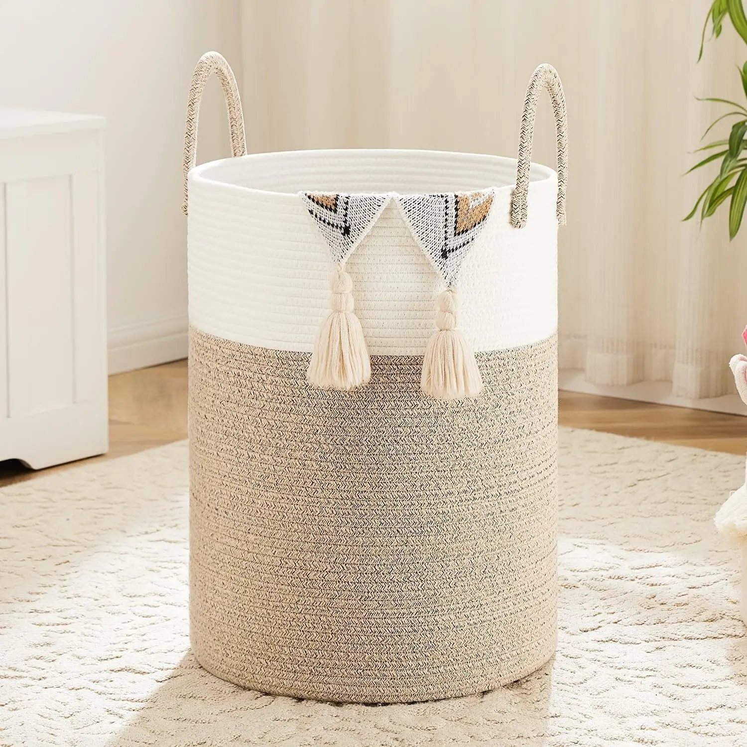 Woven Cotton Rope Laundry Basket Organizer, 15.85gal/21.13gal for Decor Storage of Dirty Clothes, Toys in Bathroom, Living Room (Baby & Maternity Formula Milk Storage Organization)