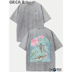 Men's Vintage Washed Pure Cotton T-Shirt - Oversized Streetwear Tee with Sea Turtle & Text Print ("I Will Be with You"), Loose Fit Casual Shirt, Machine Washable Soft Daily Wear