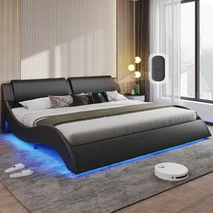 Sikaic Bed Frame with Headboard and Charging Ports Modern Low Profile King Platform Bed Frame with LED Lights Wave Like Curve Led Bed Frame King Size with Wood Slats Support, Black