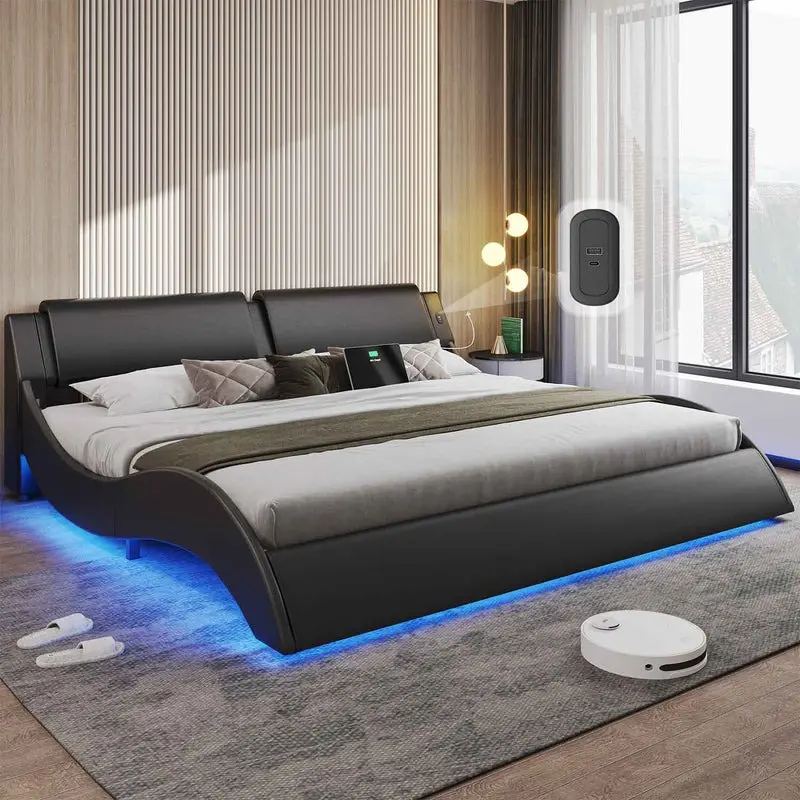 Sikaic King Size Platform Bed Frame with Headboard & Charging Ports, Modern Low Profile Wave Design Bed Frame with LED Lights, Upholstered Wood Slat Support Bed Frame, Black, Home Furniture, Dorm Essentials [tiktokshopbacktoschool]
