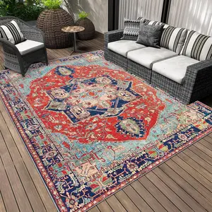 Retro Style Outdoor Rug, Waterproof Reversible Patio Rug, Indoor Outdoor Area Rug for Patio Deck Balcony, Picnic Beach Outdoor Decor