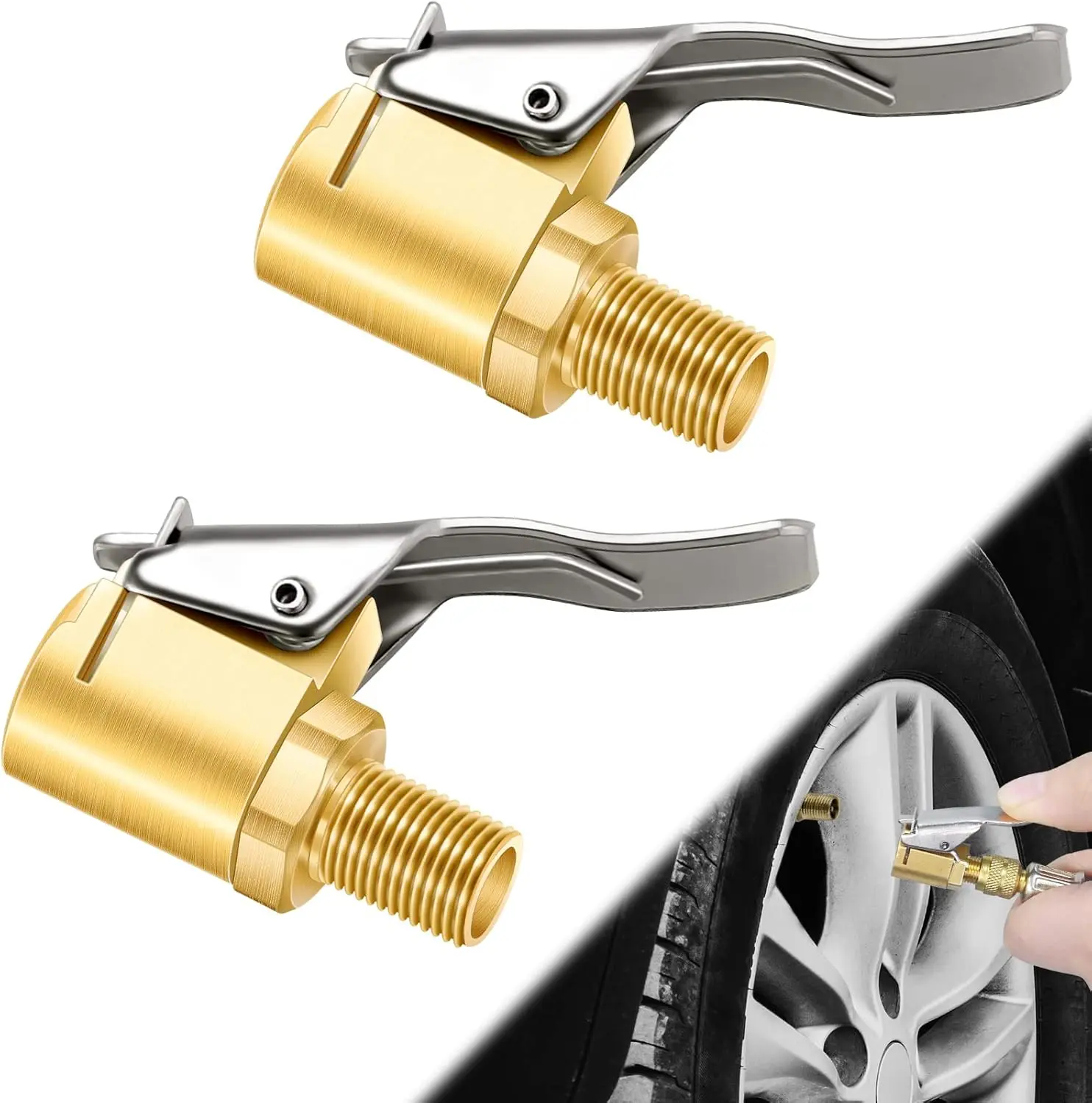 2PCS Brass Locking Tire Air Chuck Adapter, Clip-On Tire Inflator Hose Connector, No Air Leak Quick Connect for Car Bike Motorcycle Air Compressor