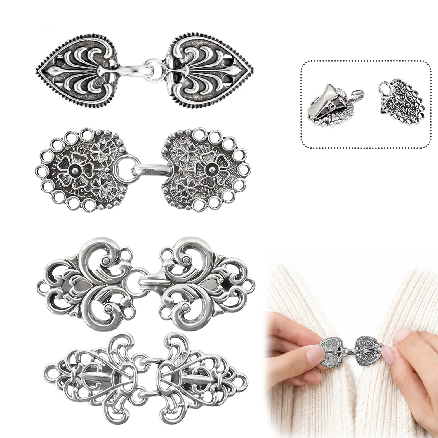 4 Pack Vintage Sweater Clips for Women, Retro Cardigan Pins, Zinc Alloy Shawl Clips, Stylish Knitwear Accessories for Daily Wear & Special Occasions