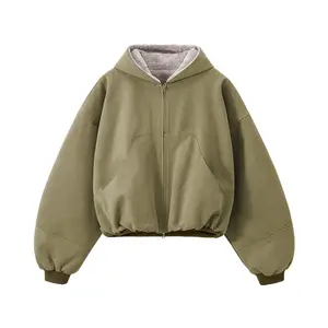 Inflation Fashion Cropped Boxy Oversized Plush Zip-Up Jacket Winter New Trendy Streetwear Colorblock Hoodie Coats Menswear Tops Casual Short Long Sleeve Green Valentine's Day
