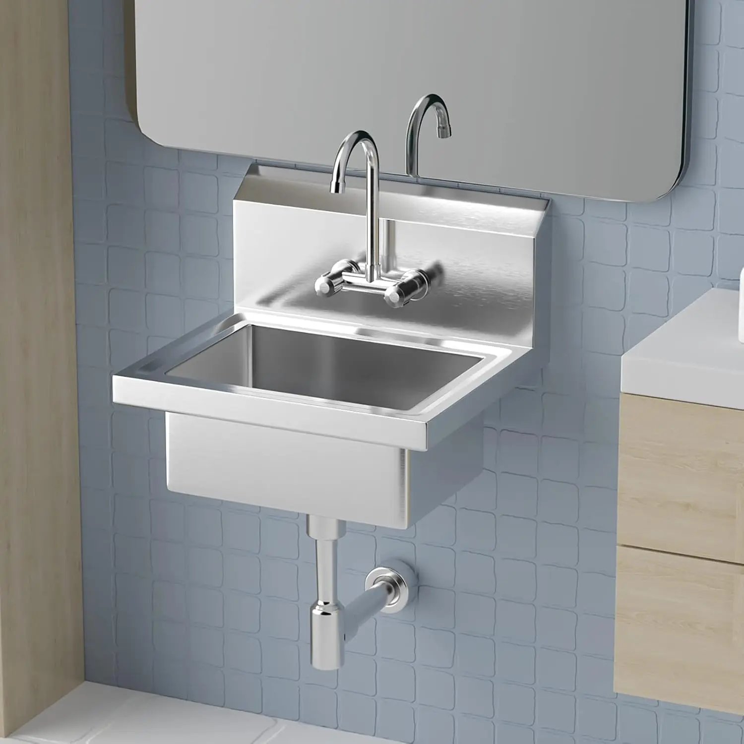 ROVSUN Commercial Sink Hand Washing Basin Stainless Steel Hand Sink with Hot&Cold Faucet, Wall Mount Utility Sink with Drainer Heavy Duty Hand Wash Sink for Commercial Restaurant Home Kitchen Workshop