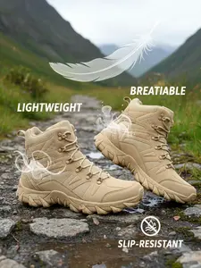 Tactical Boots For Men Lightweight Durable Leather Abrasion Resistant Work Shoes Non-Slip Sole Round Toe Lace Up Closure Breathable Design Perfect For Winter Outdoor Activities and Indoor Wear