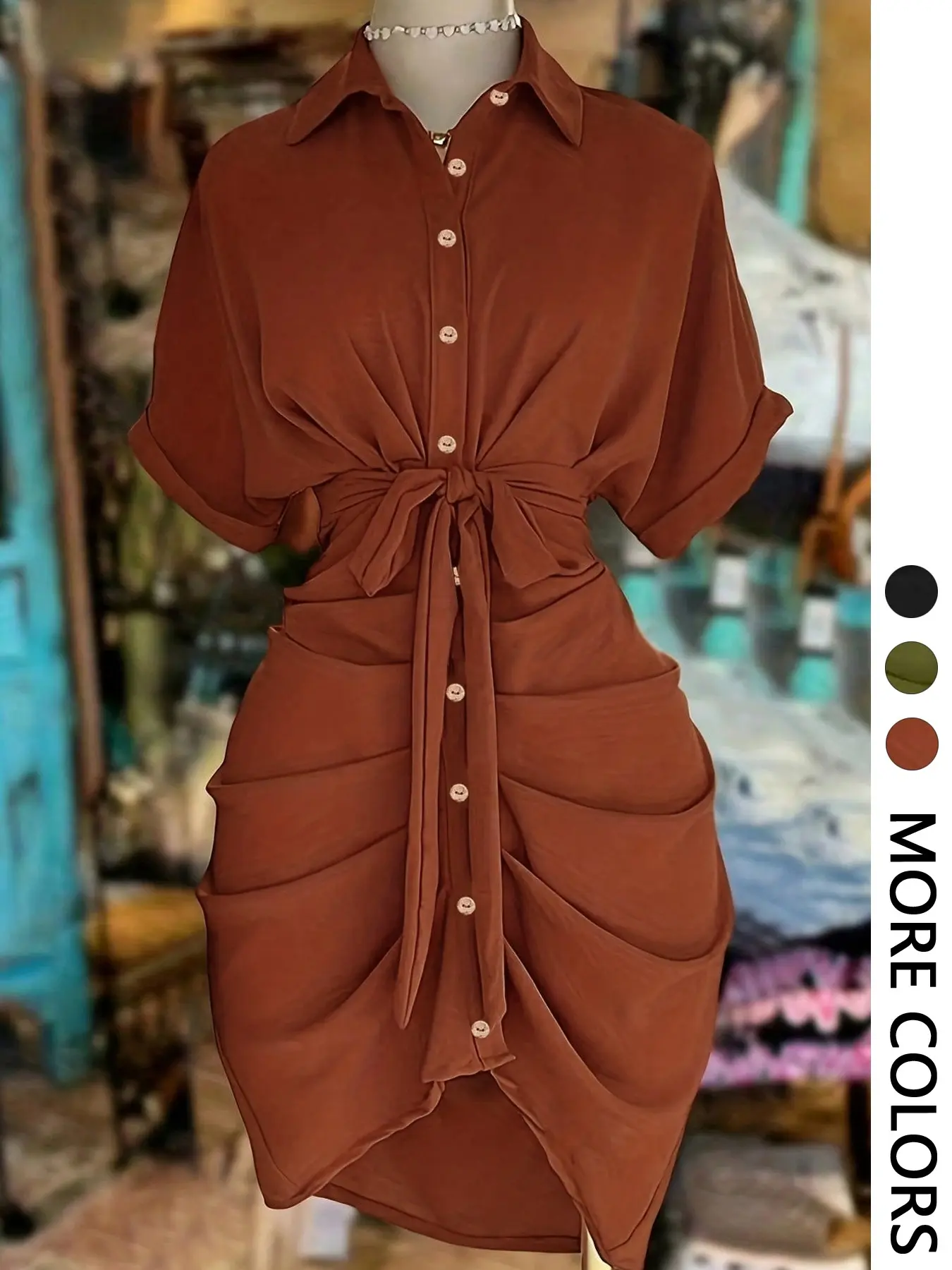 Women's Casual Pleated Waist Button Shirt Dress, Short Sleeve, Batwing, Summer, Non-Elastic, Comfortable and Stylish, Perfect for Daily Wear, Everyday