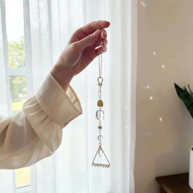 Wire Wrapped Gold Sun Catcher With Illuminating Crystal & Glass Beads for Home Decor