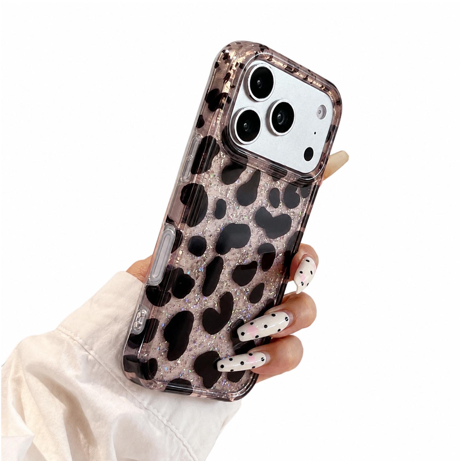 For iPhone 17 16 15 Pro Max Leopard Print Shockproof Cute Luxury Bling Sparkle Translucent Clear Vintage Cheetah Print Silicone Phone Case for Girls Women