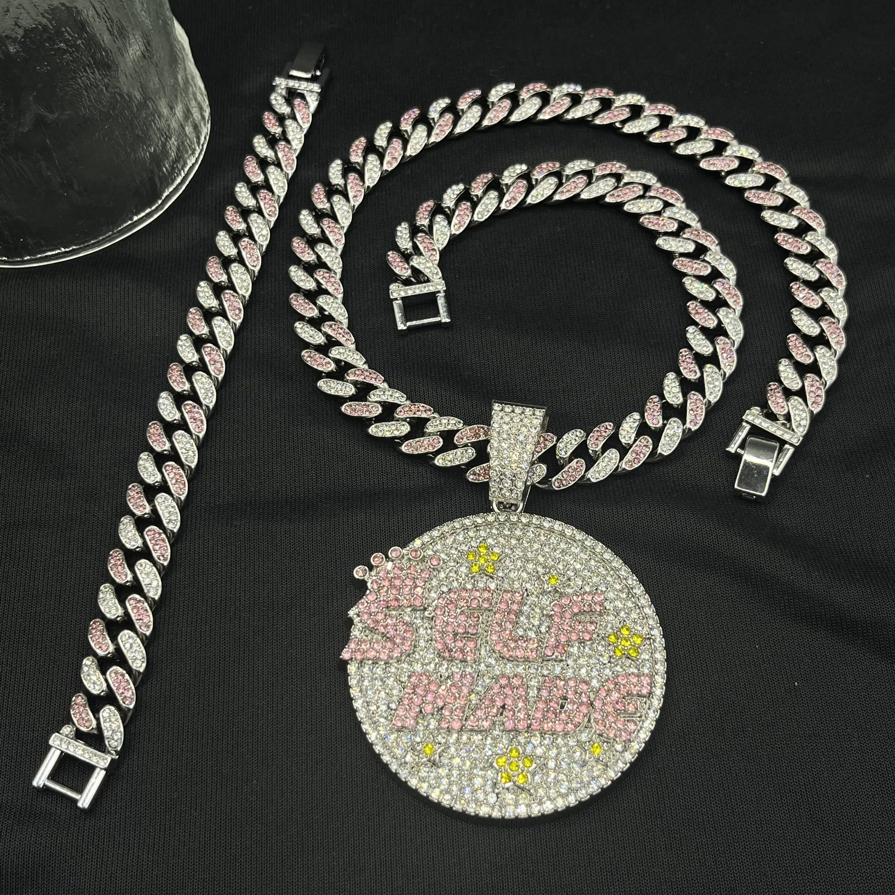 3 Piece Hip Hop Pendant Jewelry Sets, Iced Out Rhinestone Star Pendant with 13mm Cuban Chunky Chain Necklace and Bracelet for Men and Women, Rhinestone Chain Jewelry Sets, Colorful Letter Chocker, Cuban Link Chain, Men's Jewelry