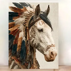 A Native American Equestrian Art, Framed, Artistic, Rustic Western Canvas Wall Decor, Tribal Feather Headdress and Detailed Horse Tail Art, Farmhouse Style Living Room Decoration, Printed Canvas, Western Home Decor, 2D Flat, Perfect Room Decoration