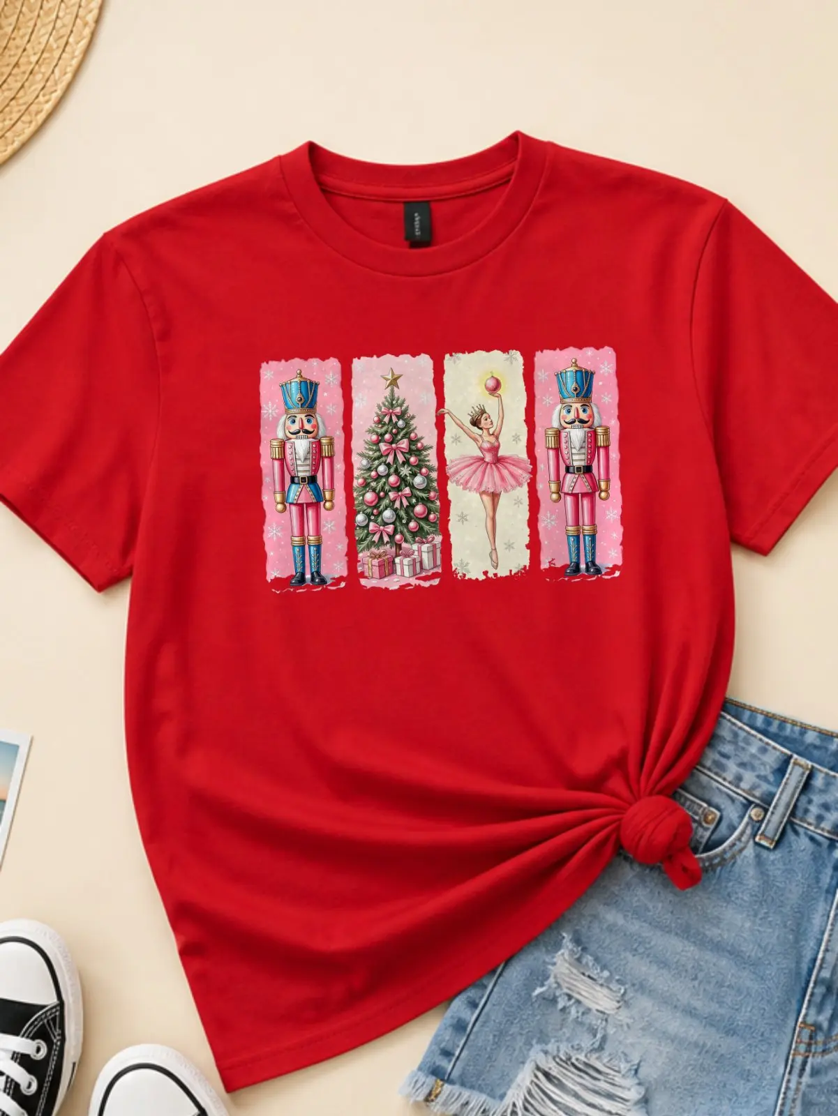 Pink Nutcracker Ballerina Christmas Print Women Premium Graphic Tee,100% Cotton Relaxed Fit Crew Neck Short Sleeve Top,Basic Printed T‑Shirt for Office Street Daily Outdoor Outfits