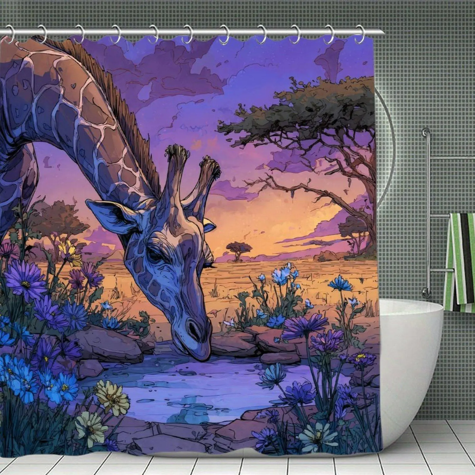 African Savanna Dusk Giraffe Drinking Water Scenery Shower Curtain, Stainless-Steel & Plastic Hardware Compatible for Bathtub & Bathroom Room