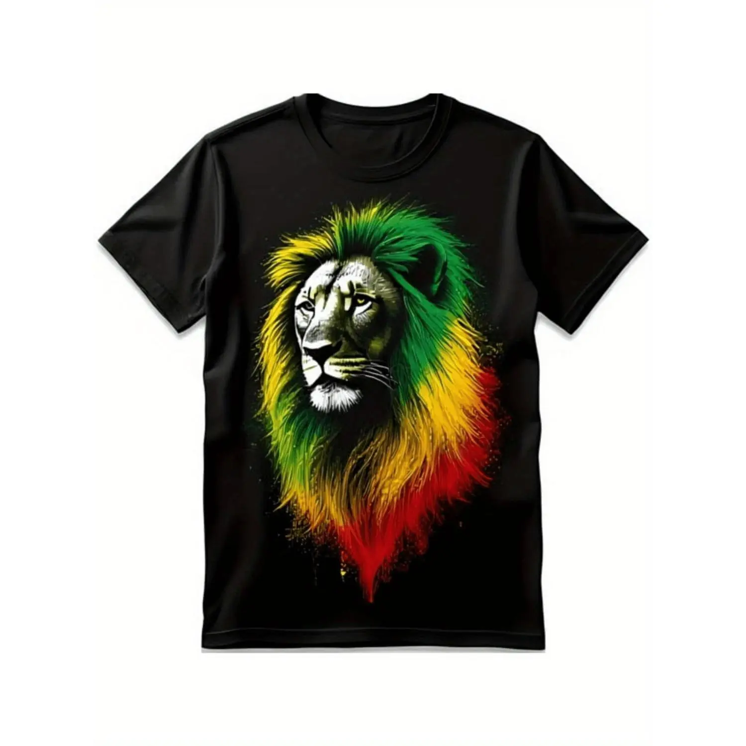 Mens Black Rastafarian Lion Graphic Cotton T-Shirt Featuring Vibrant Green Yellow Red Chest Print Retro Streetwear Tee with Regular Fit Round Neck Suitable for Gym Running and Casual Outings
