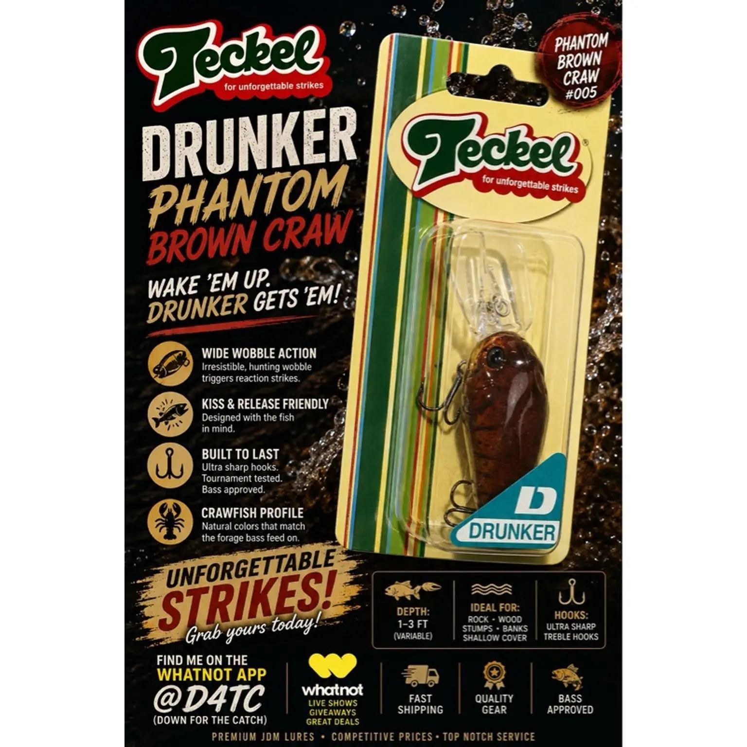 Teckel Drunker #006 Phantom Green Craw - Premium Japanese-Inspired Squarebill Crankbait for Bass Fishing in Clear to Lightly Stained Water