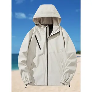 Bmuvlss Men's Heavy-Duty High Quality Windproof Jacket - Full-Zip Hooded Windbreaker with Beige/Black color option, Zippered Pockets - Machine Washable Polyester Coat for Kayaking, Skiing, Snowboarding - Cold Weather Winter Outerwear, Windbreaker Jacket,