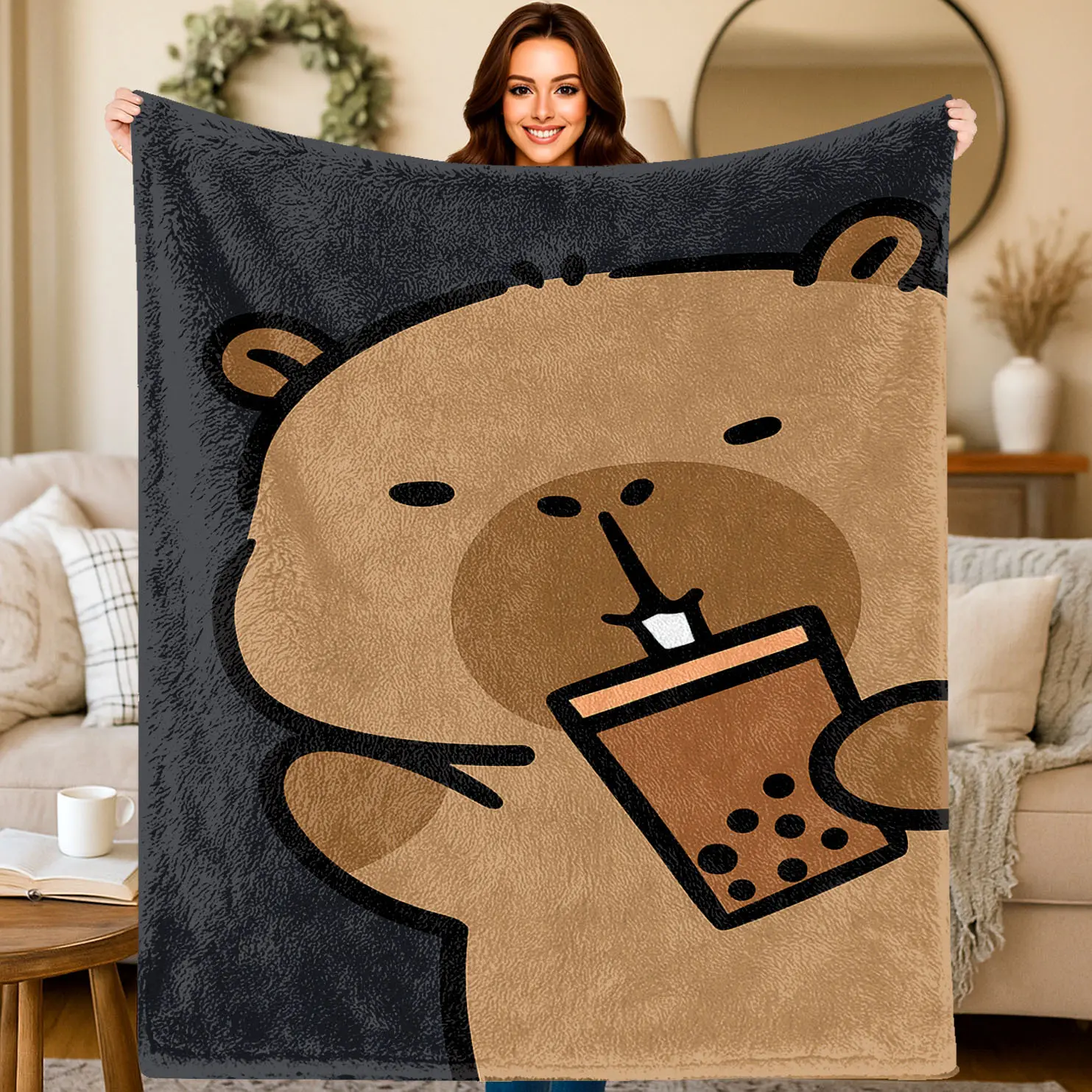 Capybara Flannel Blanket, Cute Cartoon Plush Throw, Holiday Gift,  Fun Milk Tea Element Throw,Wall Hanging, Sofa Bed Cover, Travel Multi-Purpose Blanket, Animal Blankets