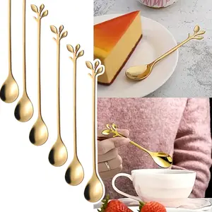 6 Pieces Elegant Gold Leaf Long Handle Teaspoons - 7.4" Stainless Steel Stir Spoons for Coffee & Tea, Perfect for Mixing & Stirring Kitchen Bar Accessories