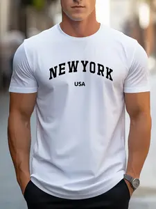 Men's T-Shirt Printed With "NEW YORK USA" Casual Wear, Suitable For Summer Wear, Comfortable And Breathable Top