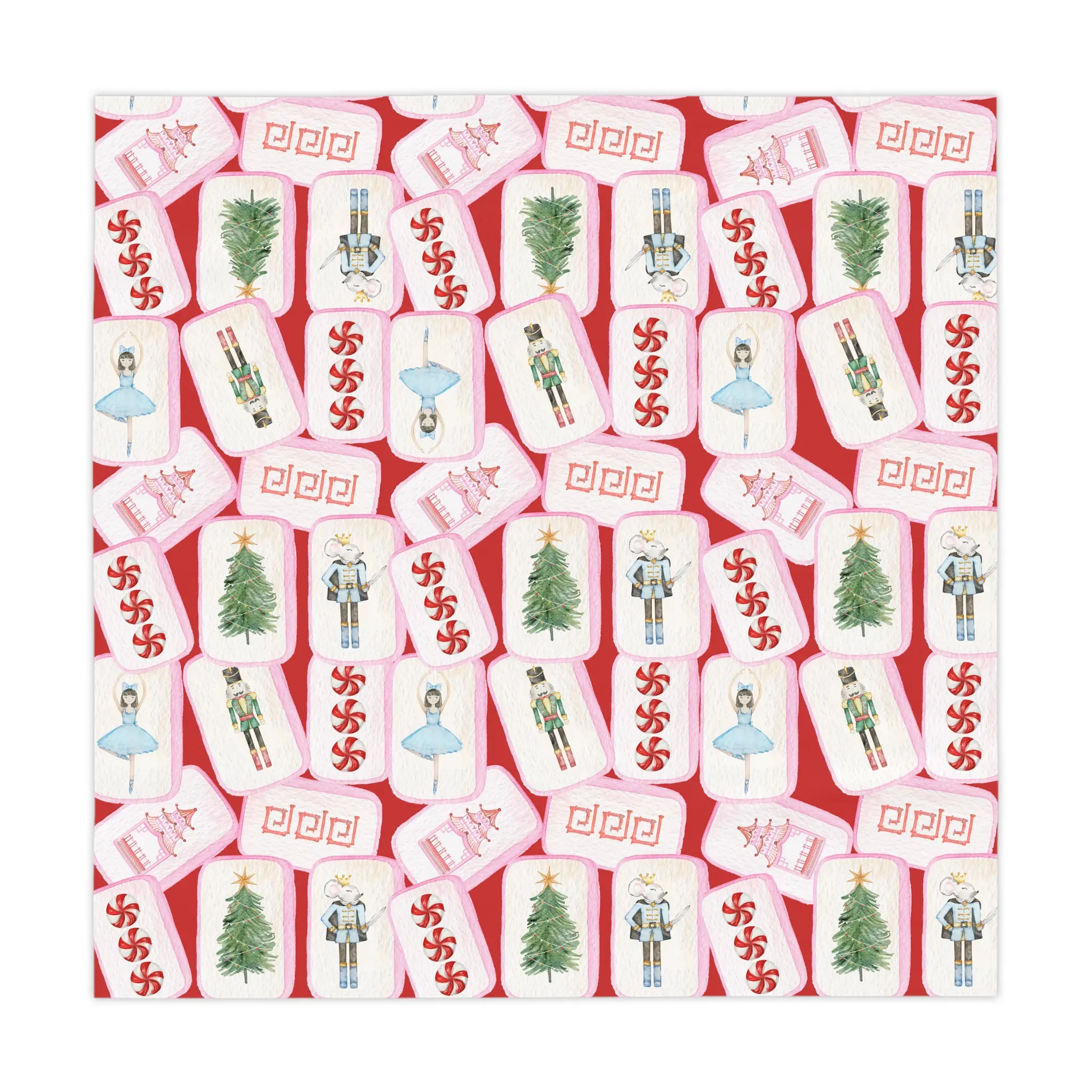 Christmas MAHJONG Tiles Tablecloth, Size 55 x 55, Nutcracker Theme, Hostess Gift, Mahj Prize, Red Holiday Table Cover with Christmas Trees