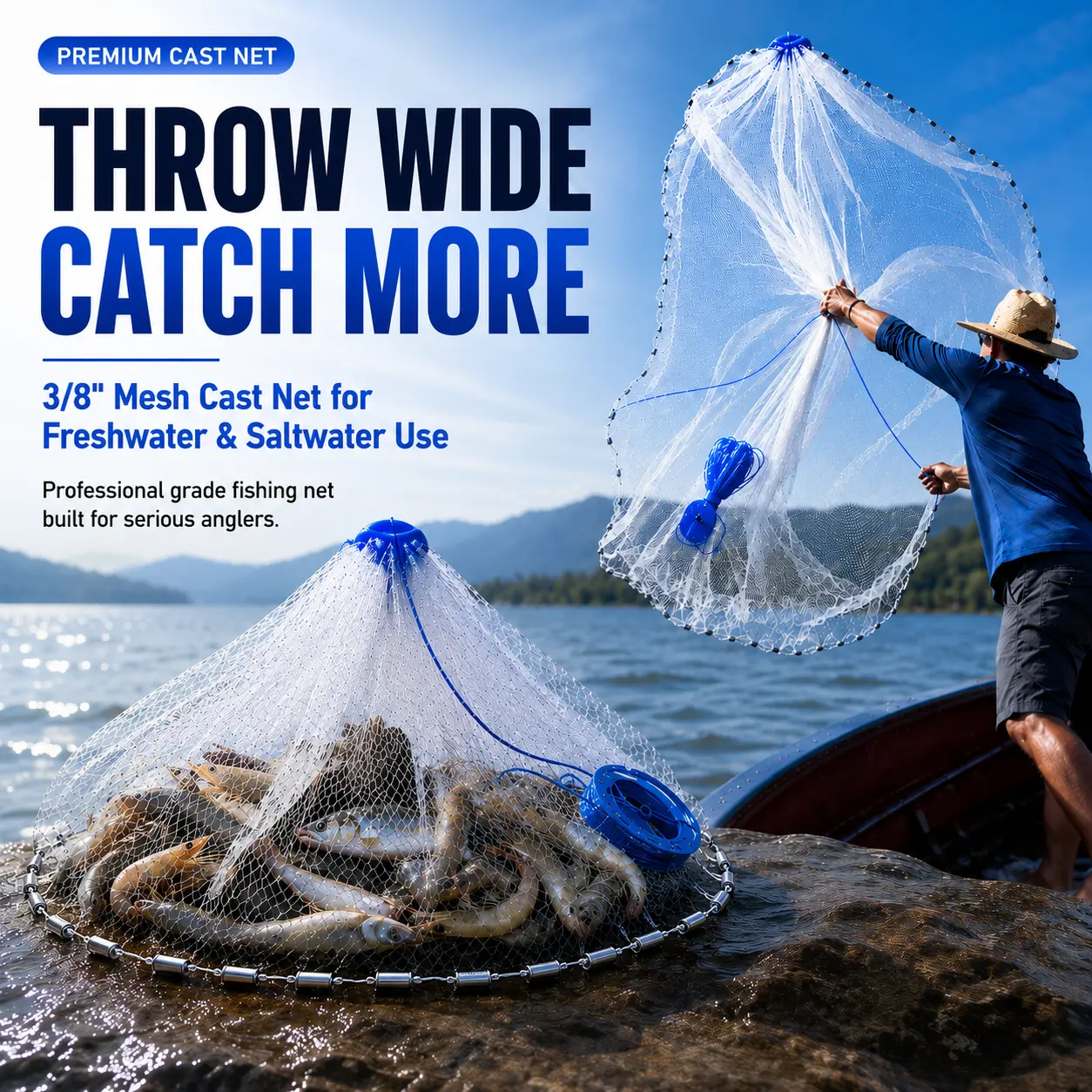 Heavy Duty Monofilament Hand Throw Cast Net Fishing Gear and Equipment, 6FT/8FT Radius, 3/8" Tear-Resist Mesh, Steel Sinker Hold Fast Sinking Tackle Supplies for Ocean Fishing-3331