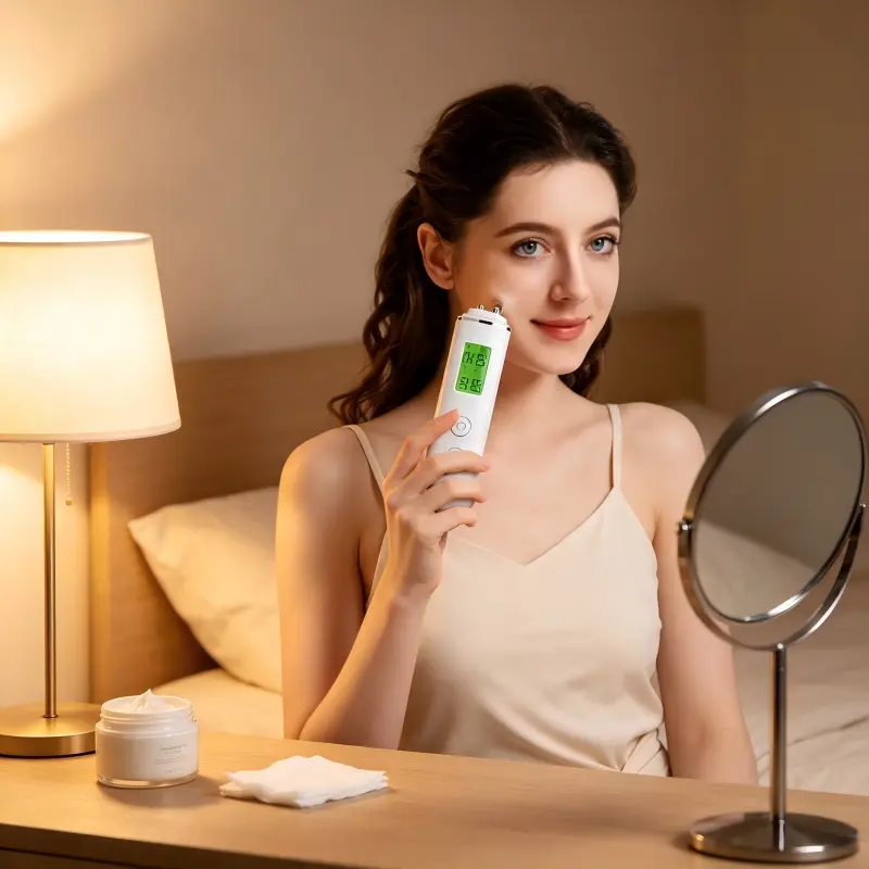 Smart Device For Measuring Skin Hydration And Oil Levels, Featuring A Fluorescent Agent Detector And An LCD Display For Facial Moisture Assessment
