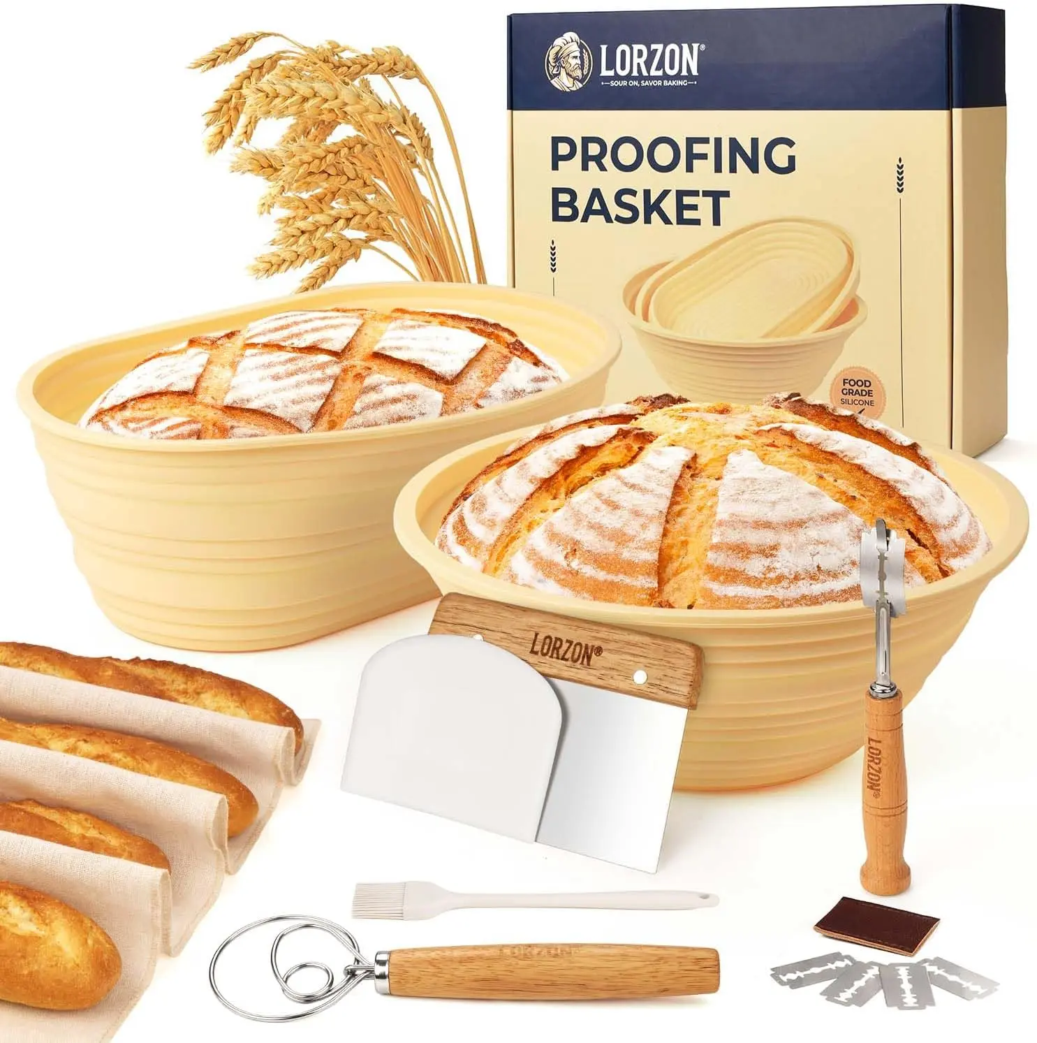 Lorzon Silicone Banneton Bread Proofing Baskets Set of 2, 9" Round & 10" Oval Foldable Sourdough Proofing Baskets with Sourdough Bread Baking Supplies, Complete Bread Making Kit